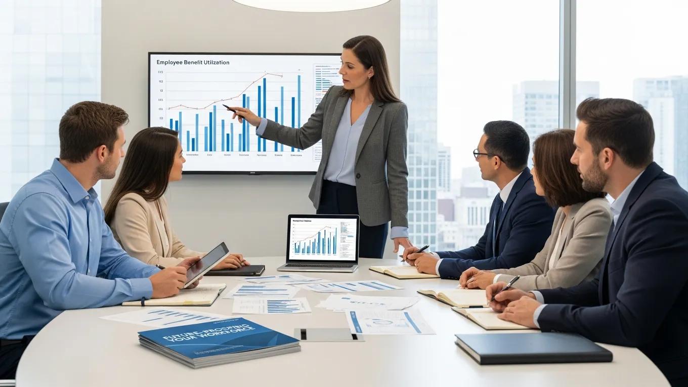 Consultant advising a business team on employee benefits strategies in a conference room