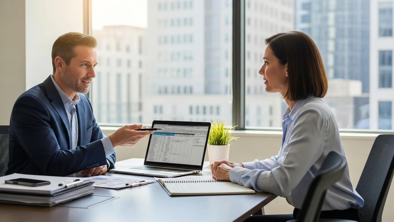 Consultant advising a small business owner on employee benefits compliance in a modern office