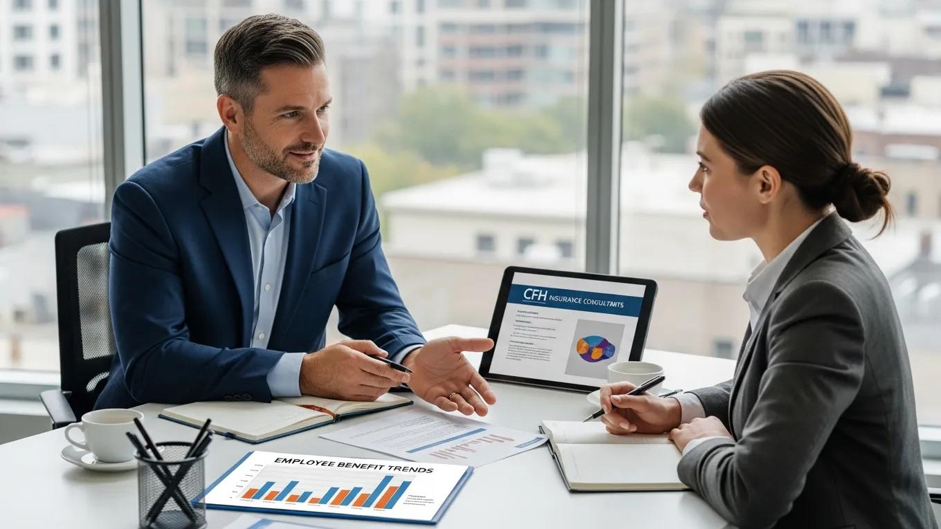 Consultant advising small business owner on employee benefits strategies