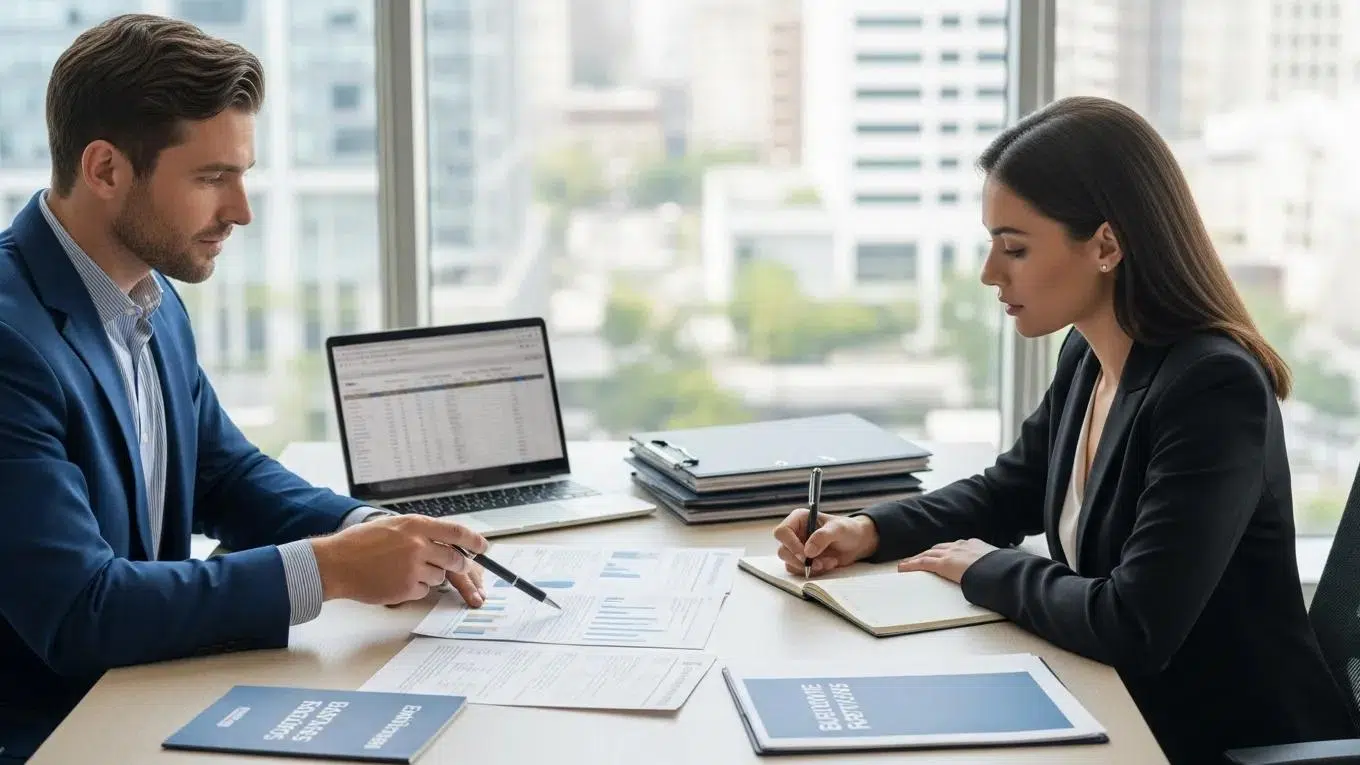 Consultant and business owner reviewing compliance documents in an office