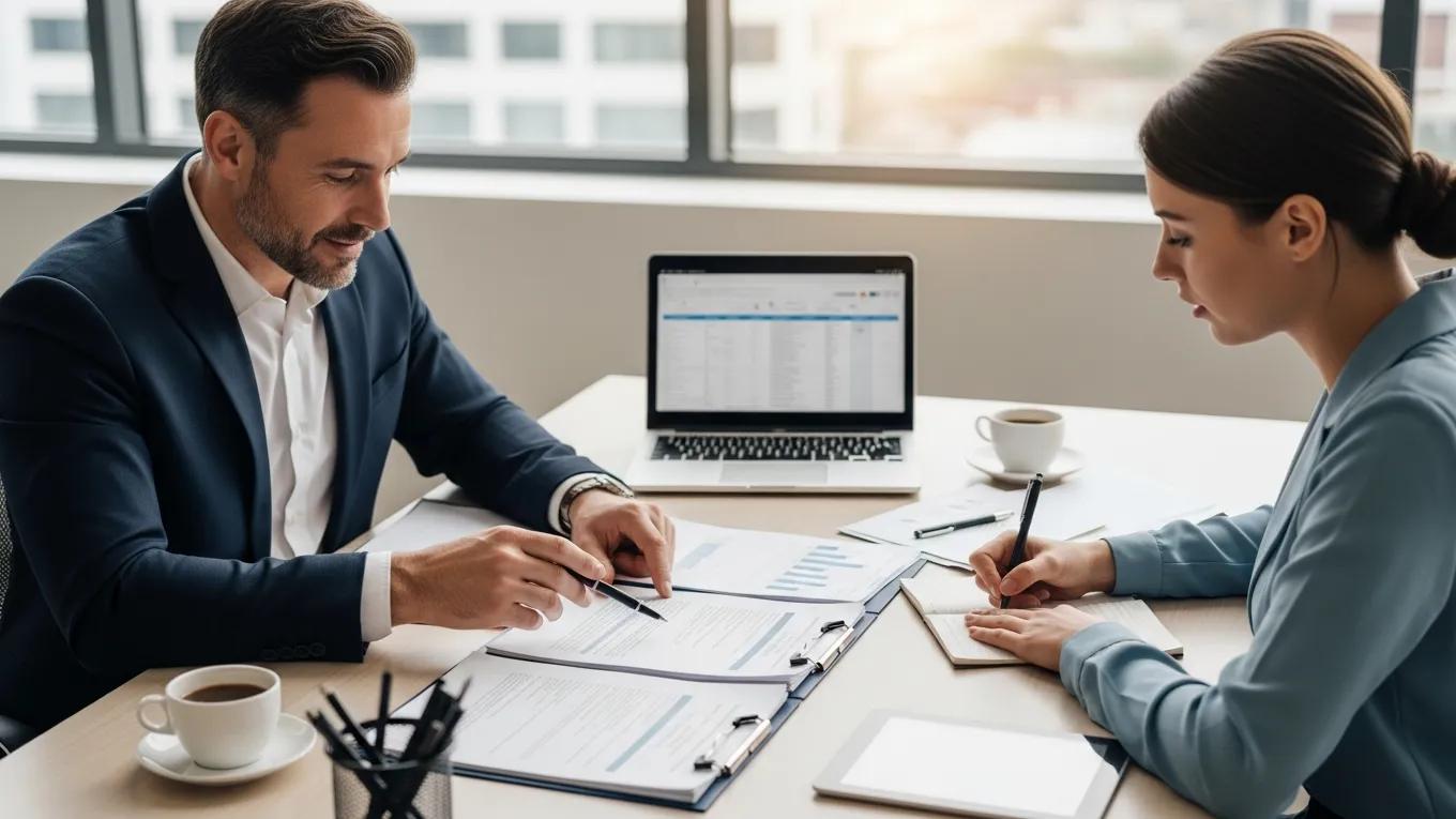Consultant and business owner reviewing compliance documents in an office