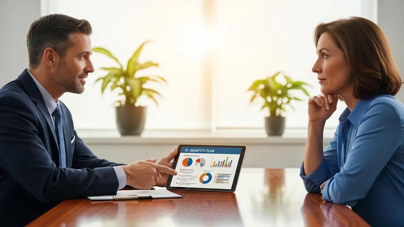 Consultant discussing employee benefits plans with a small business owner in Grand Rapids