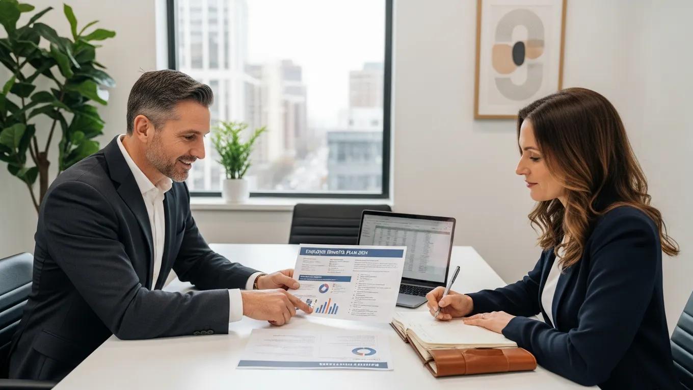 Consultant discussing employee benefits with a small business owner in a modern office