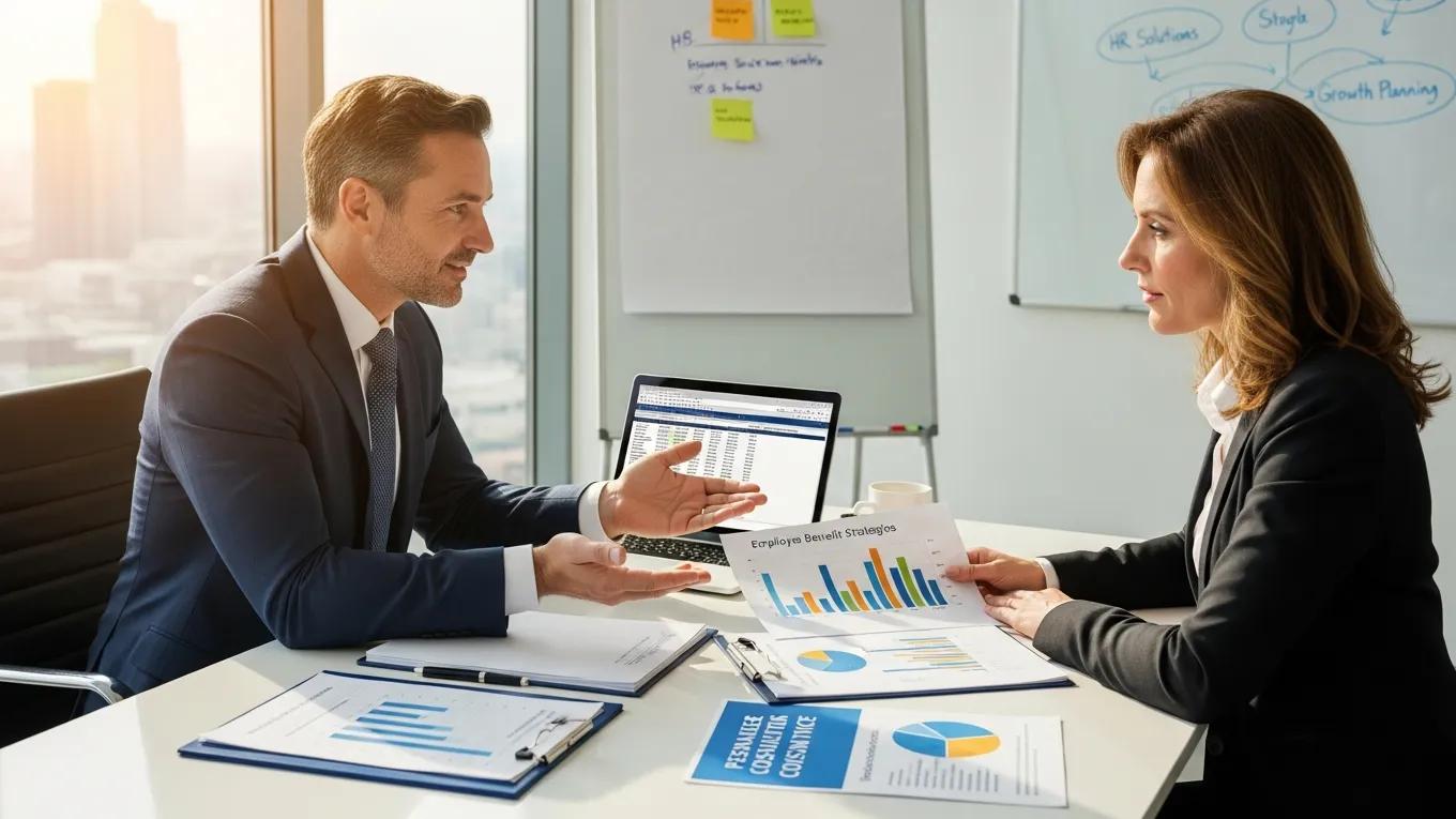 Consultant discussing personalized employee benefits strategies with a small business owner