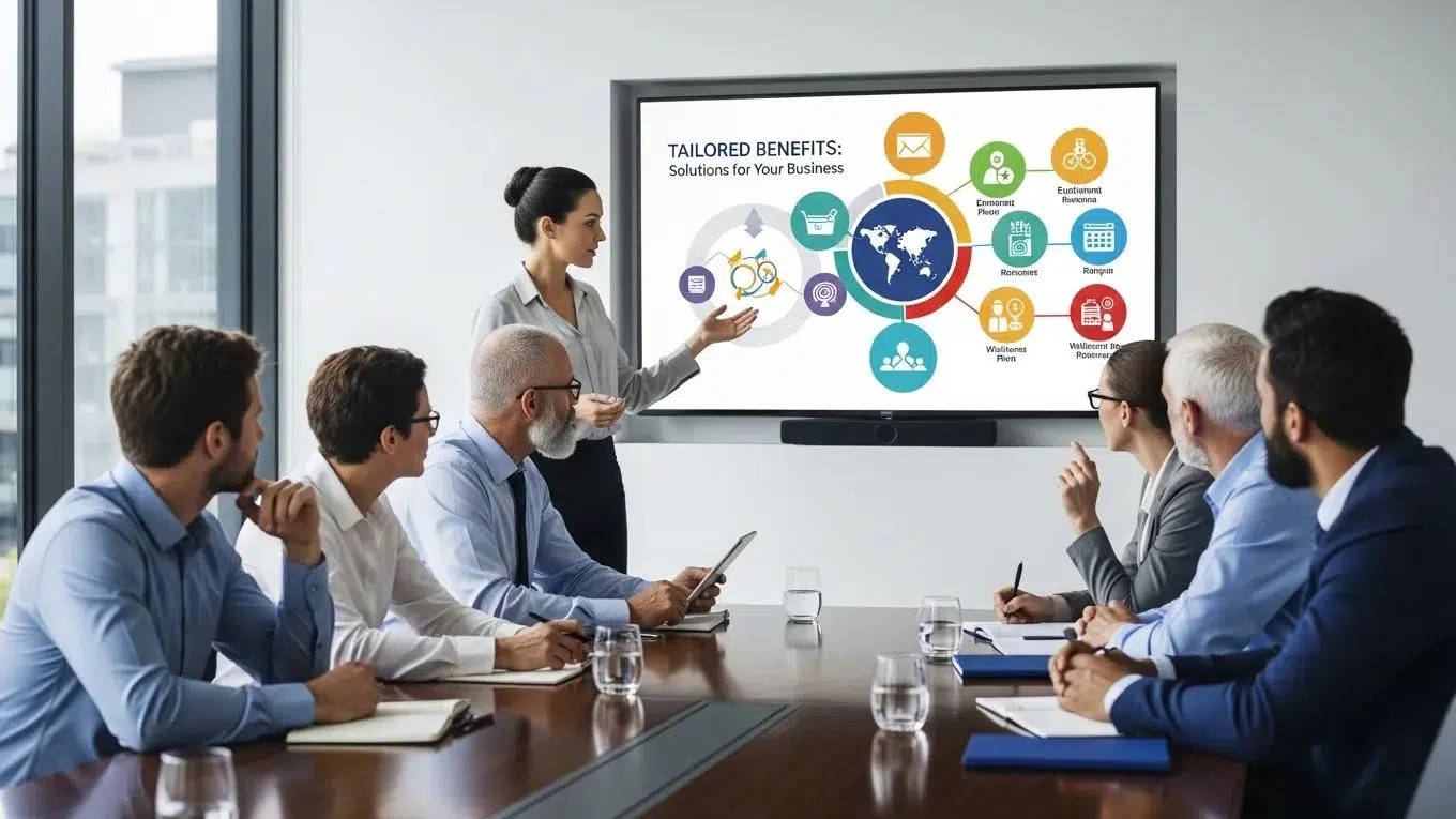 Consultant presenting employee benefits solutions to business owners in a conference room
