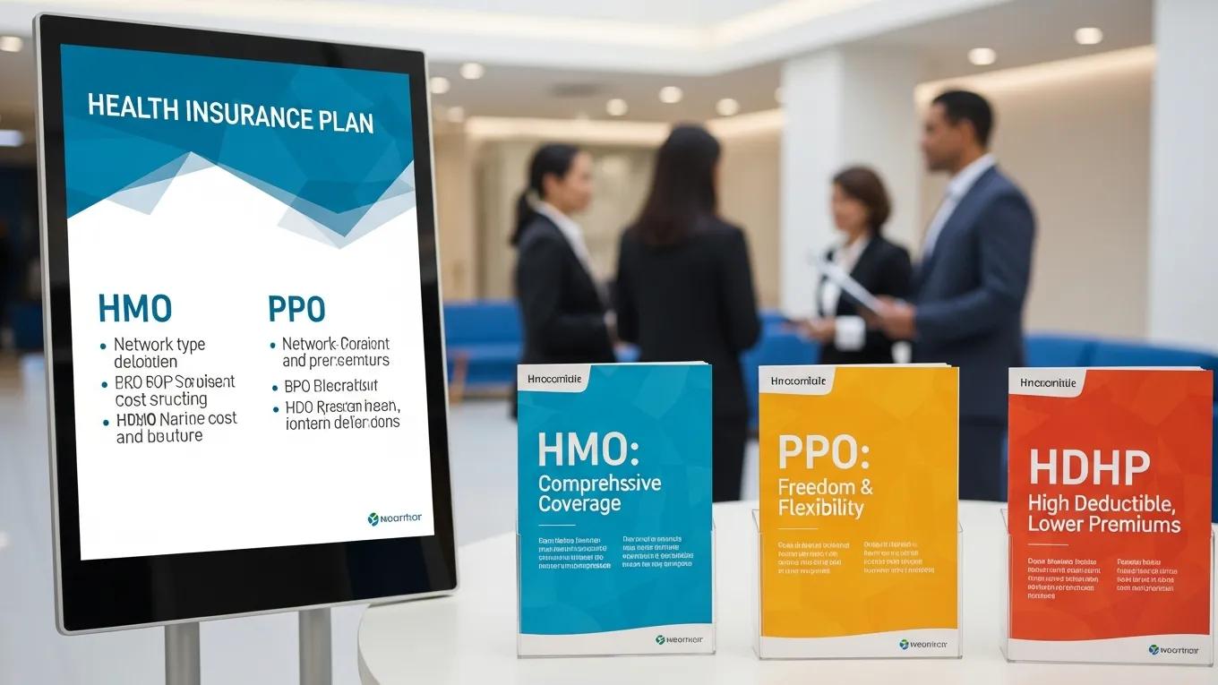 Display of various health insurance plan options for employers in a professional setting