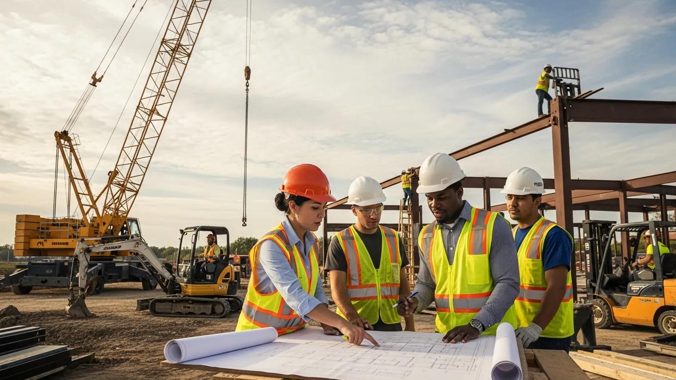 Diverse construction workers collaborating on a Michigan construction site reviewing blueprints.