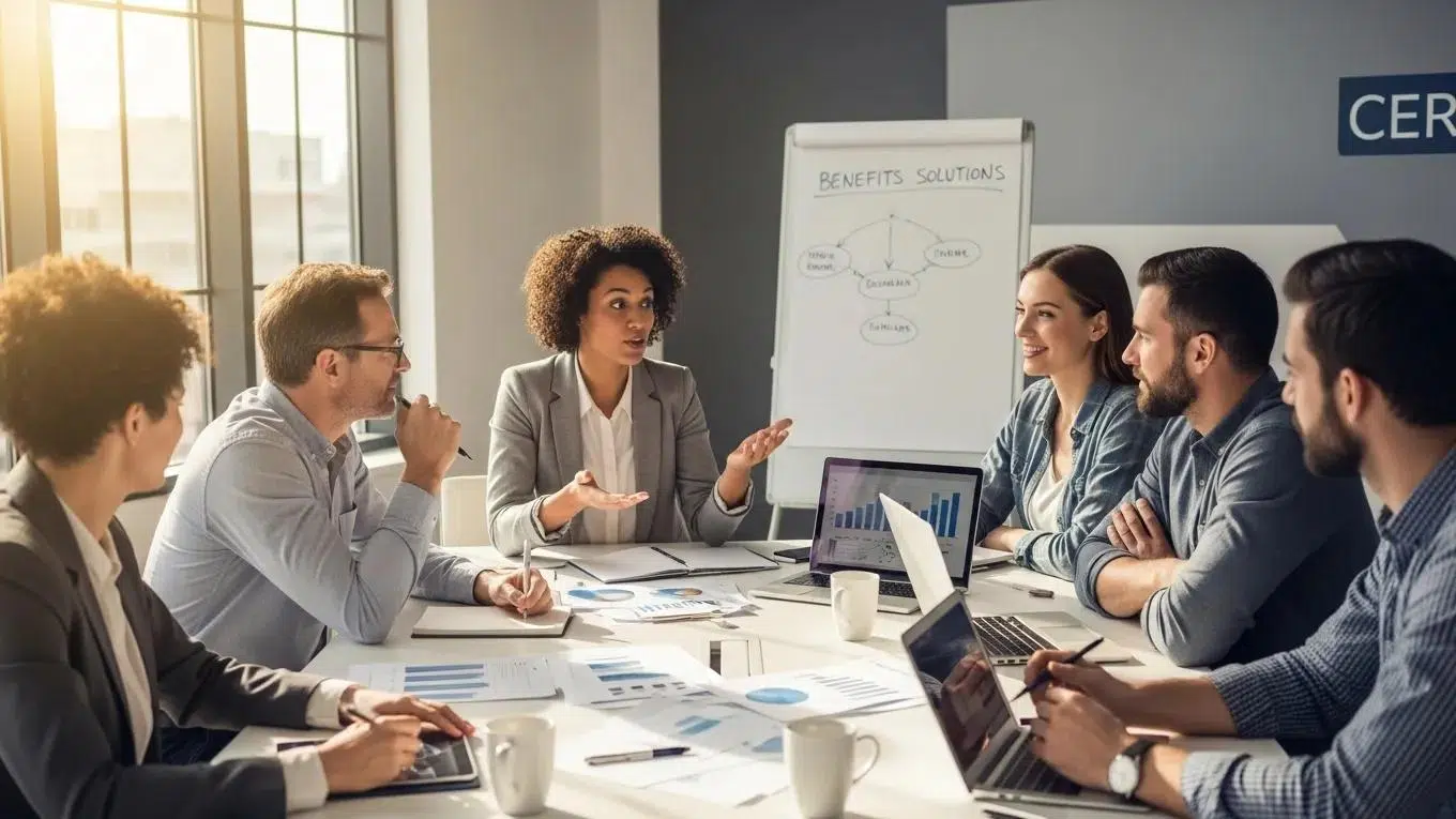 Diverse employees collaborating on employee benefits solutions in a modern office setting, discussing group health plans and consulting services.