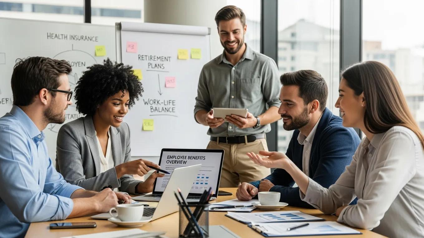 Diverse employees collaborating on employee benefits strategies in a modern office