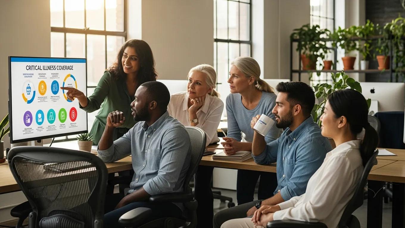 Diverse employees discussing critical illness insurance coverage in a supportive workplace environment.