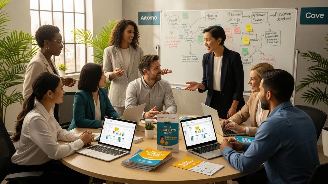 Diverse employees discussing employee benefits and open enrollment strategies in a collaborative office setting.
