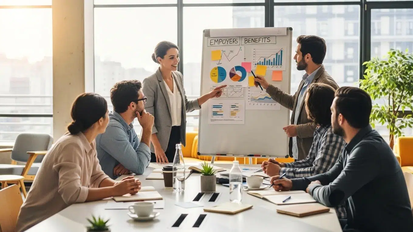 Diverse employees discussing employee benefits in a modern office