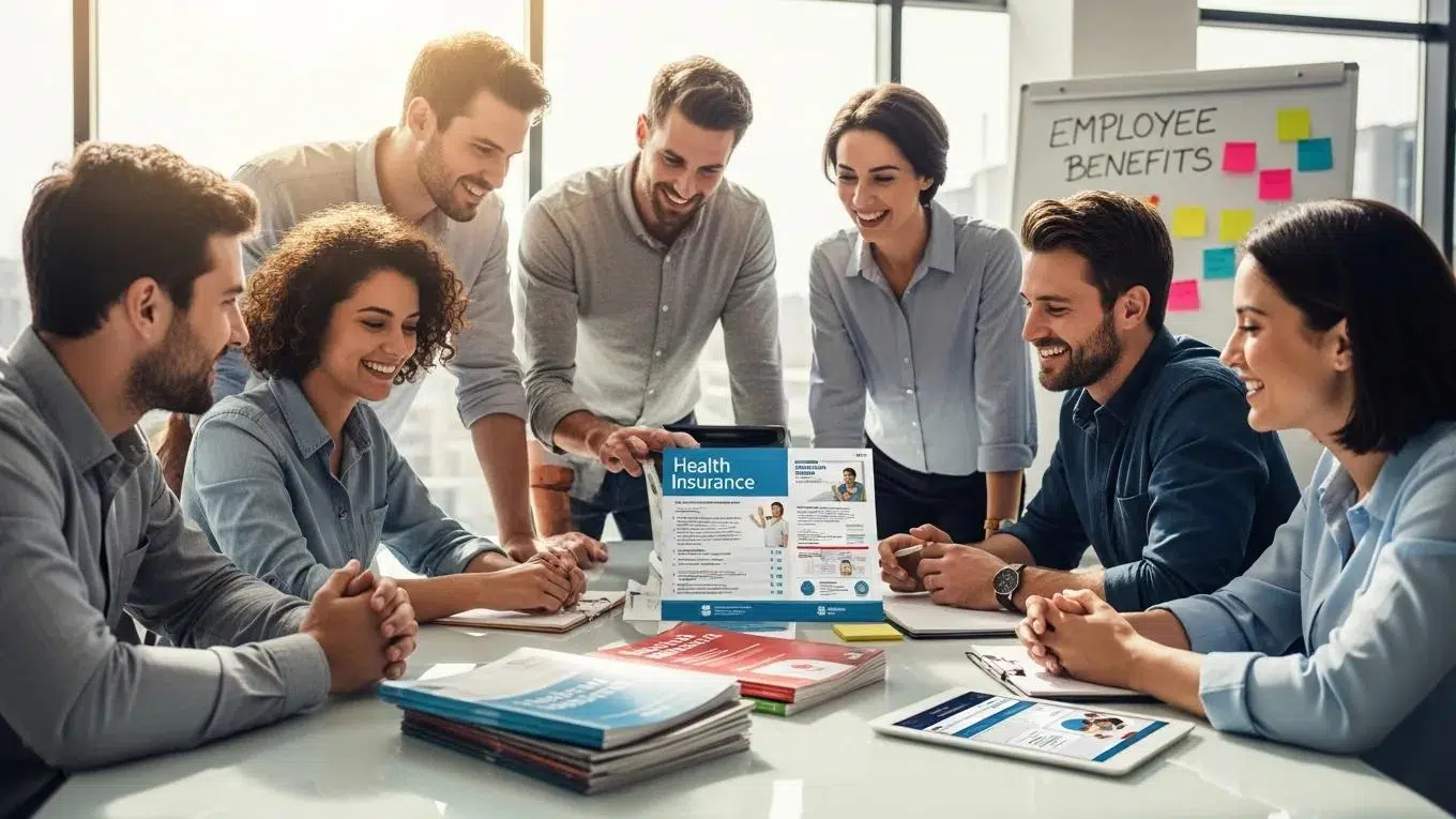 Diverse employees discussing employee benefits in a modern office