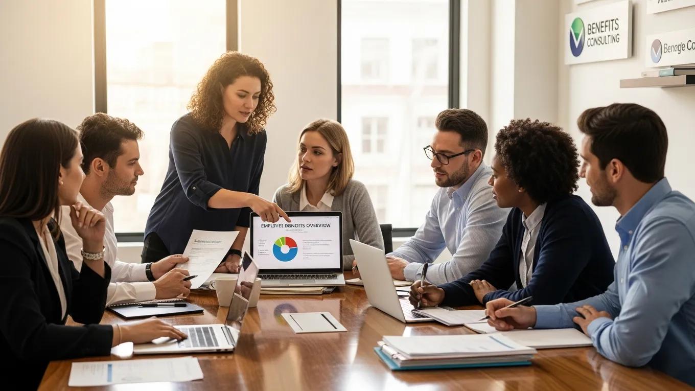 Diverse employees discussing employee benefits and consulting solutions in a modern office setting.