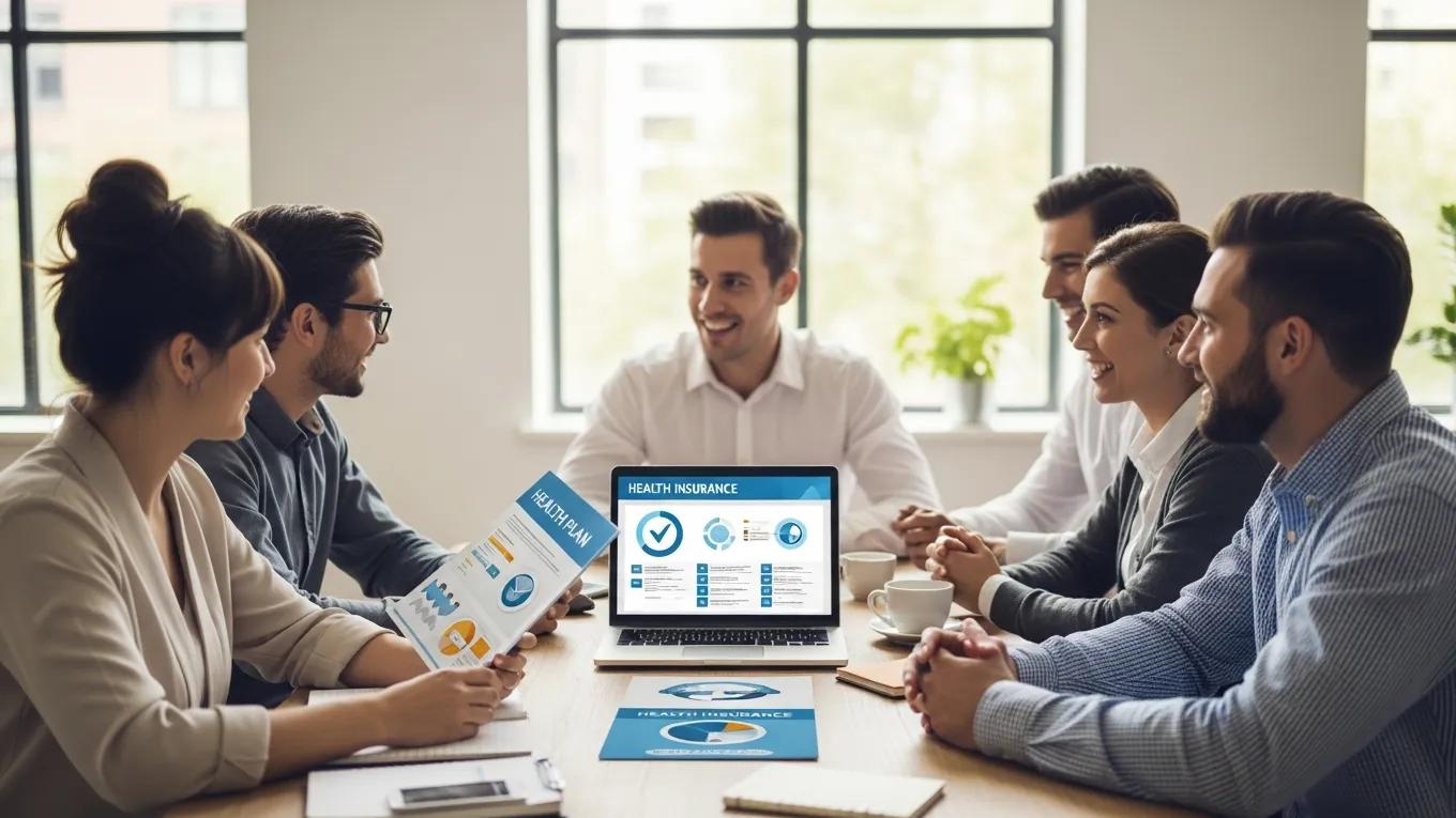 Diverse employees discussing group health insurance options in a collaborative office setting