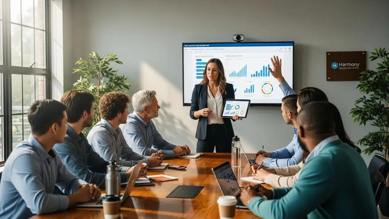 Diverse employees discussing health benefits and insurance options in a professional office setting.