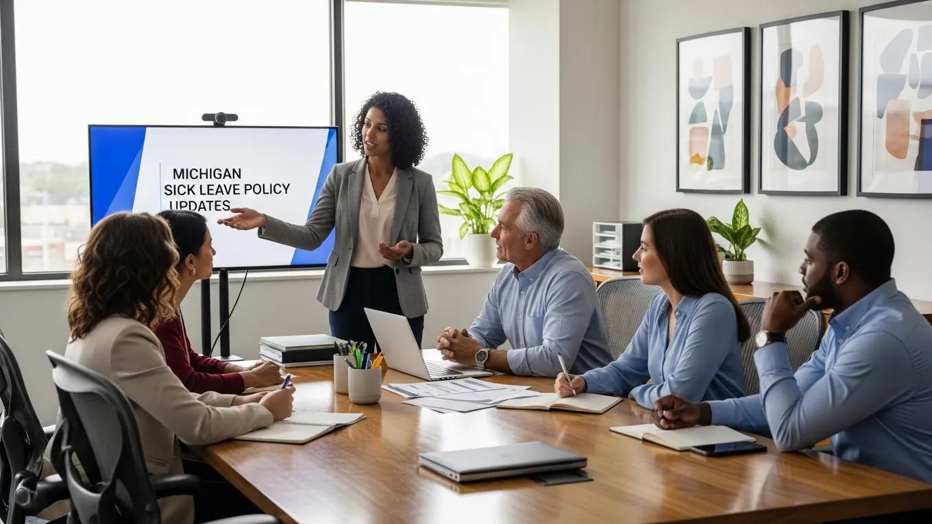 Diverse employees in a Michigan office discussing sick leave policies