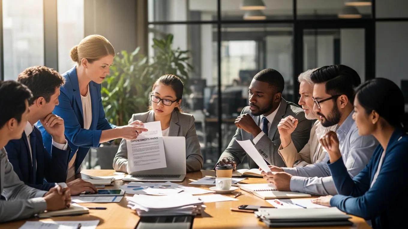 Diverse group of employees discussing employee benefits in a modern office setting