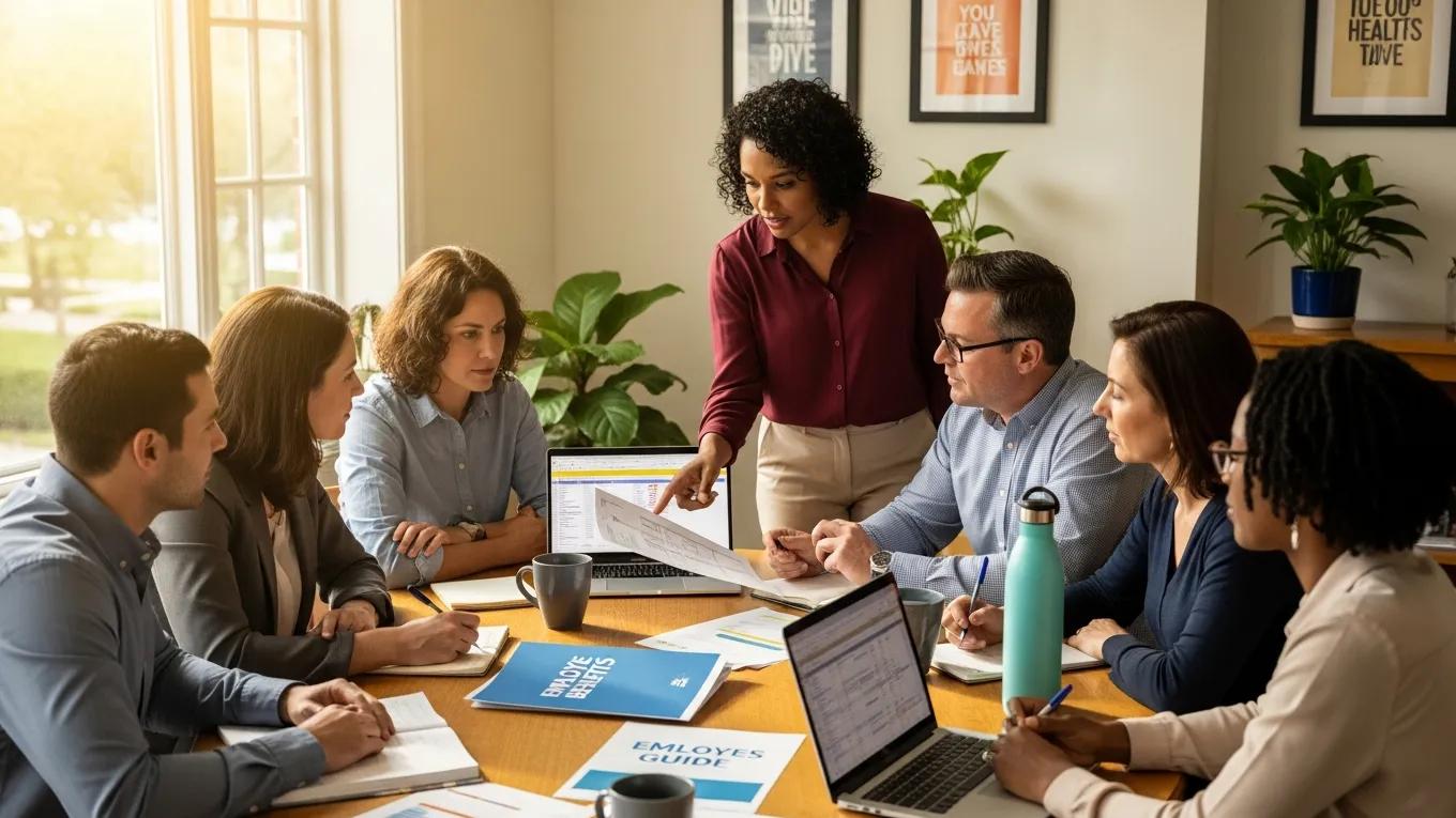 Diverse professionals collaborating on employee benefits solutions in an office setting.