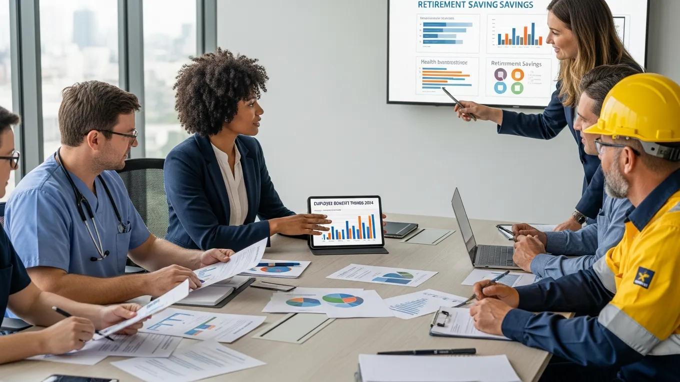 Diverse professionals discussing employee benefits and group health insurance consulting in a modern office setting.
