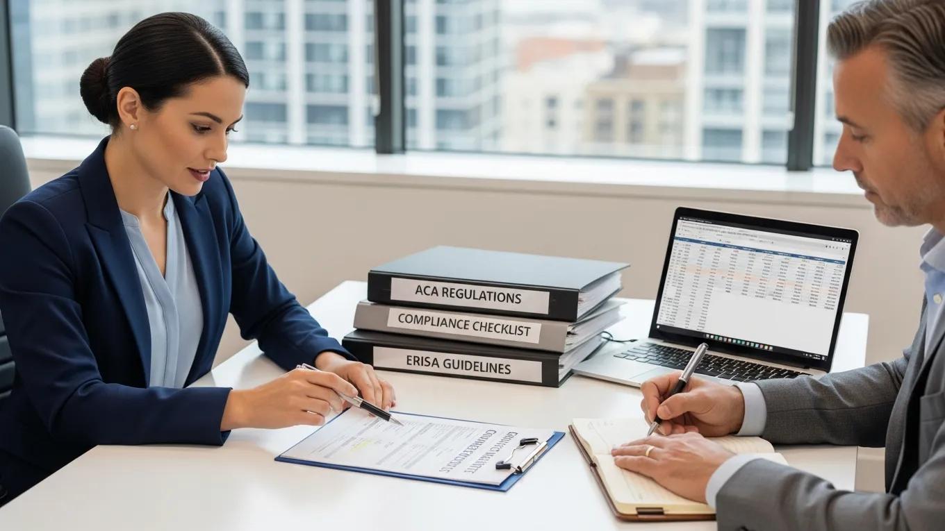 Employee benefits advisor assisting a small business owner with compliance documentation