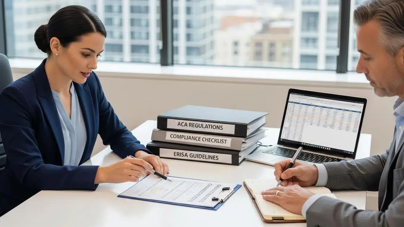 Employee benefits advisor assisting a small business owner with compliance documentation