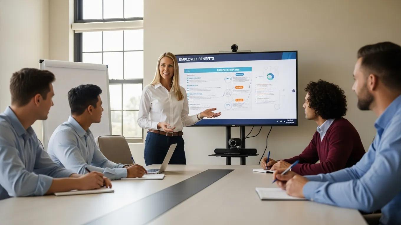 Employee benefits advisor meeting with a small business team to discuss options