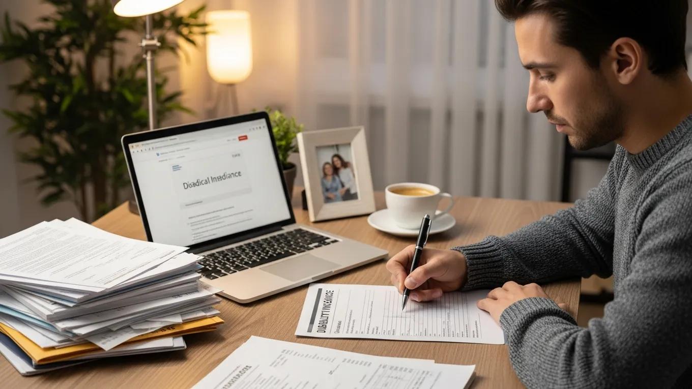 Employee filling out a disability insurance claim form at a desk