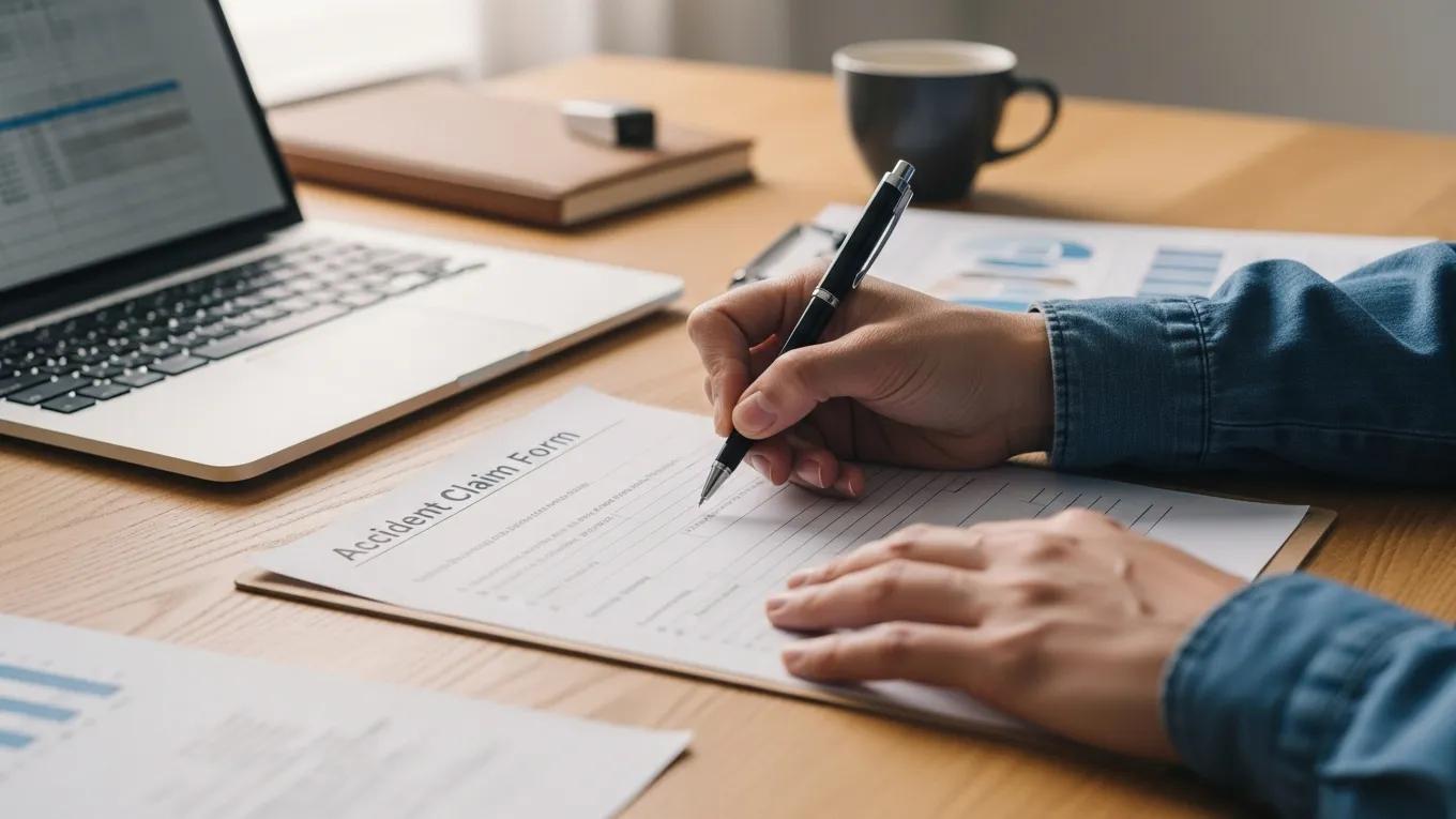 Employee filling out an accident insurance claim form at a desk with documents and a laptop