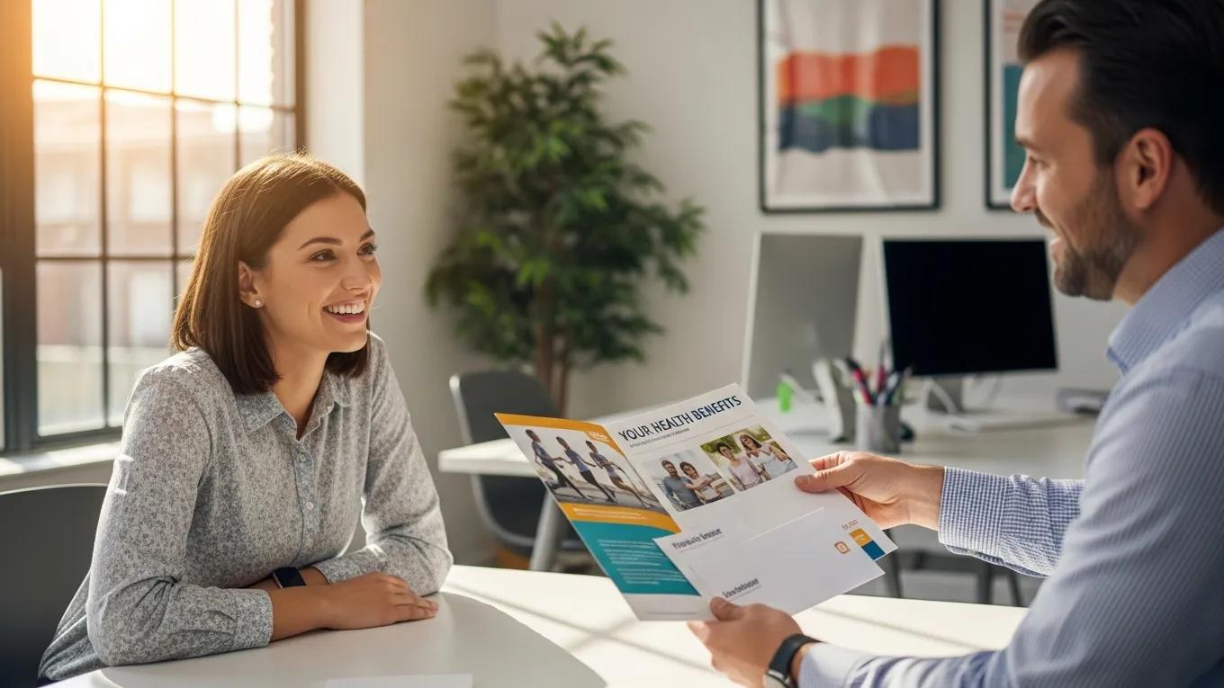 Employee joyfully receiving health benefits package from employer in a modern office