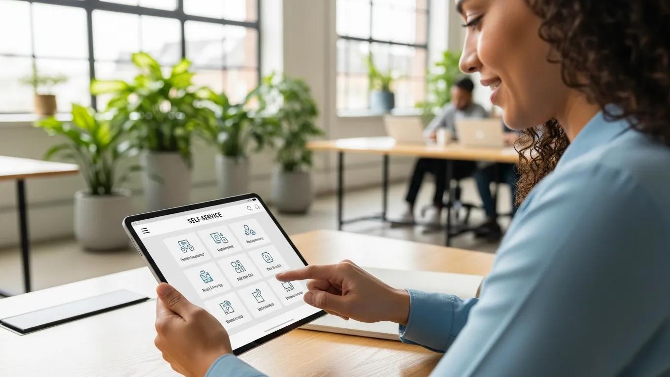 Employee managing benefits through a self-service portal on a tablet in a bright workspace