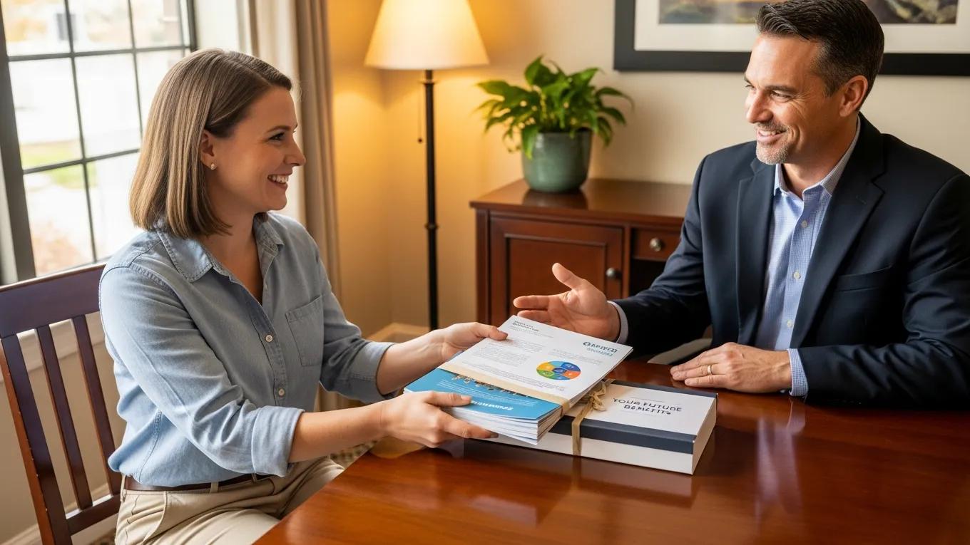Employee receiving a benefits package from employer in a cozy office