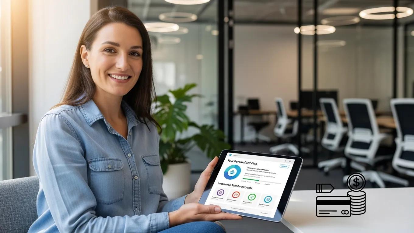 Employee reviewing health insurance options on a tablet in a modern workspace