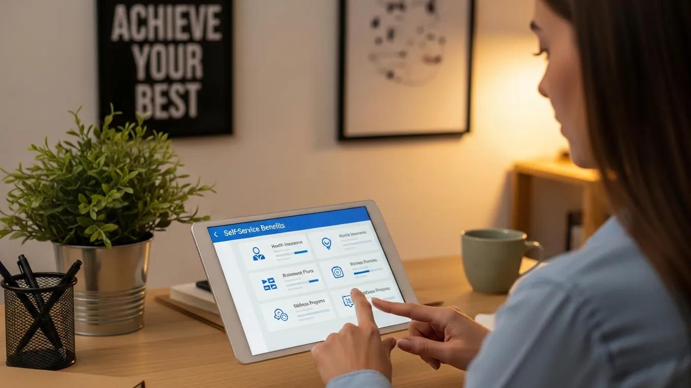 Employee using a self-service portal for benefits management in a cozy workspace