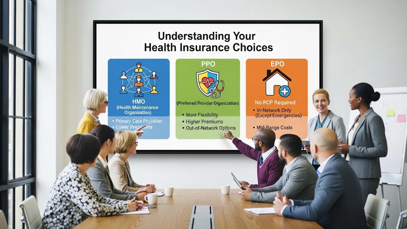 Employees comparing different group health insurance options in a conference room