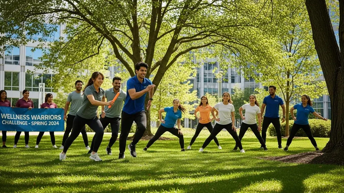 Employees engaging in a wellness program activity promoting health and teamwork