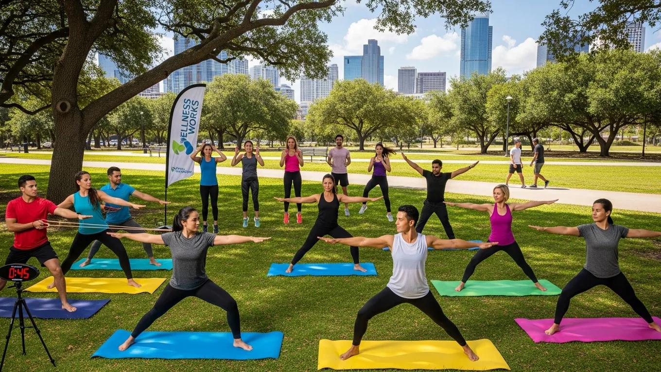 Employees engaging in a wellness program outdoors, promoting health and teamwork