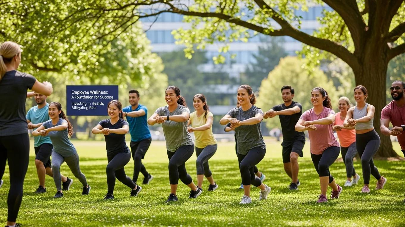 Employees participating in a group fitness class as part of a wellness program