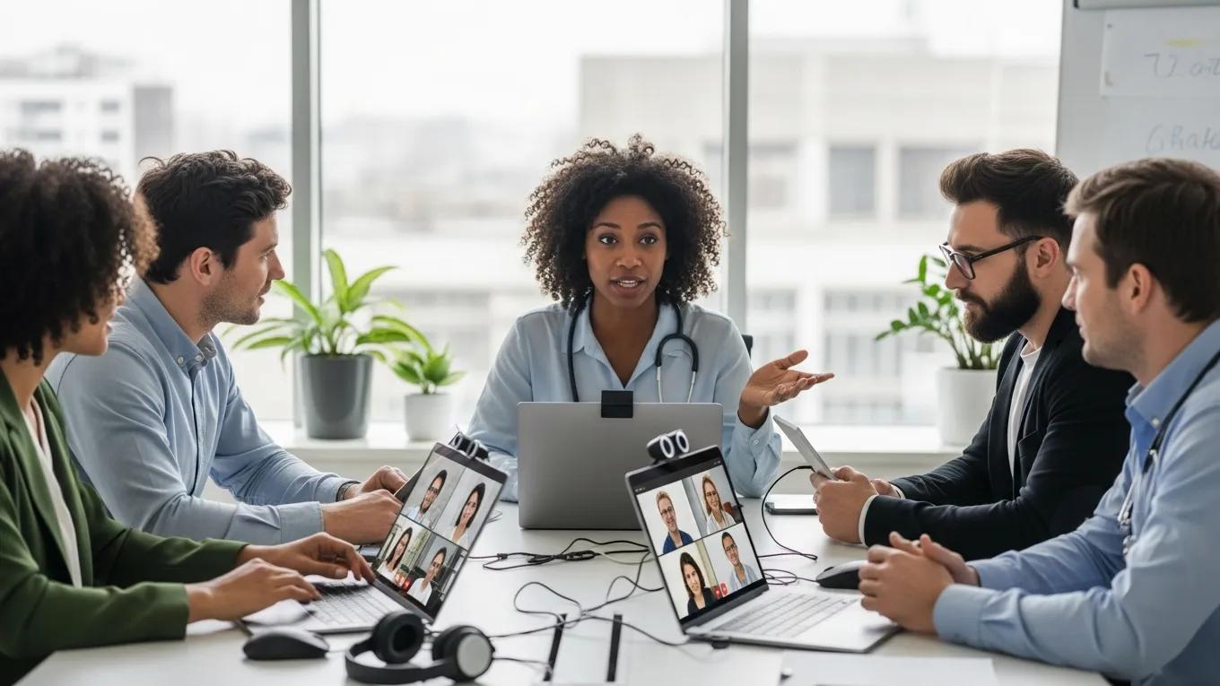 Employees participating in a telehealth consultation, showcasing virtual care technology and collaboration