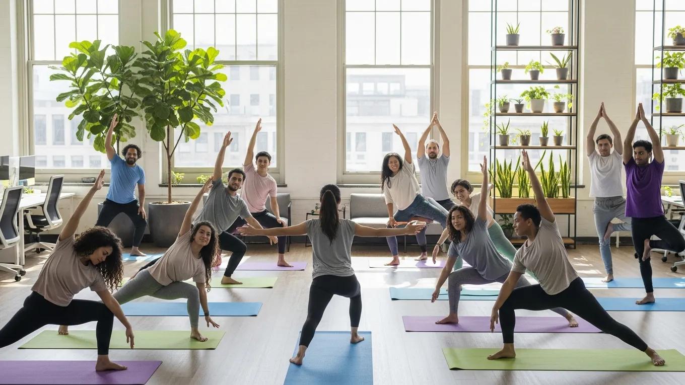 Employees participating in a wellness program in a bright office space