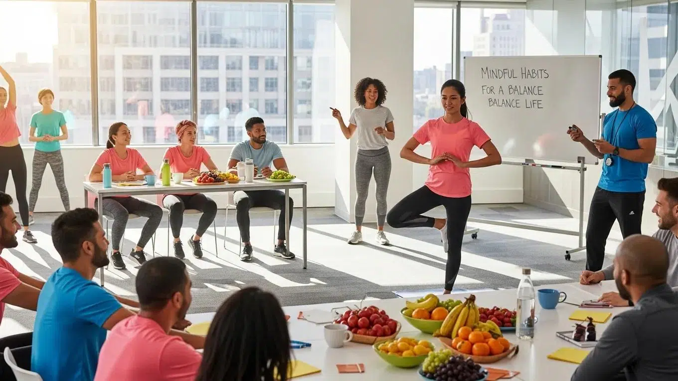 Employees participating in a workplace wellness program, engaging in fitness activities