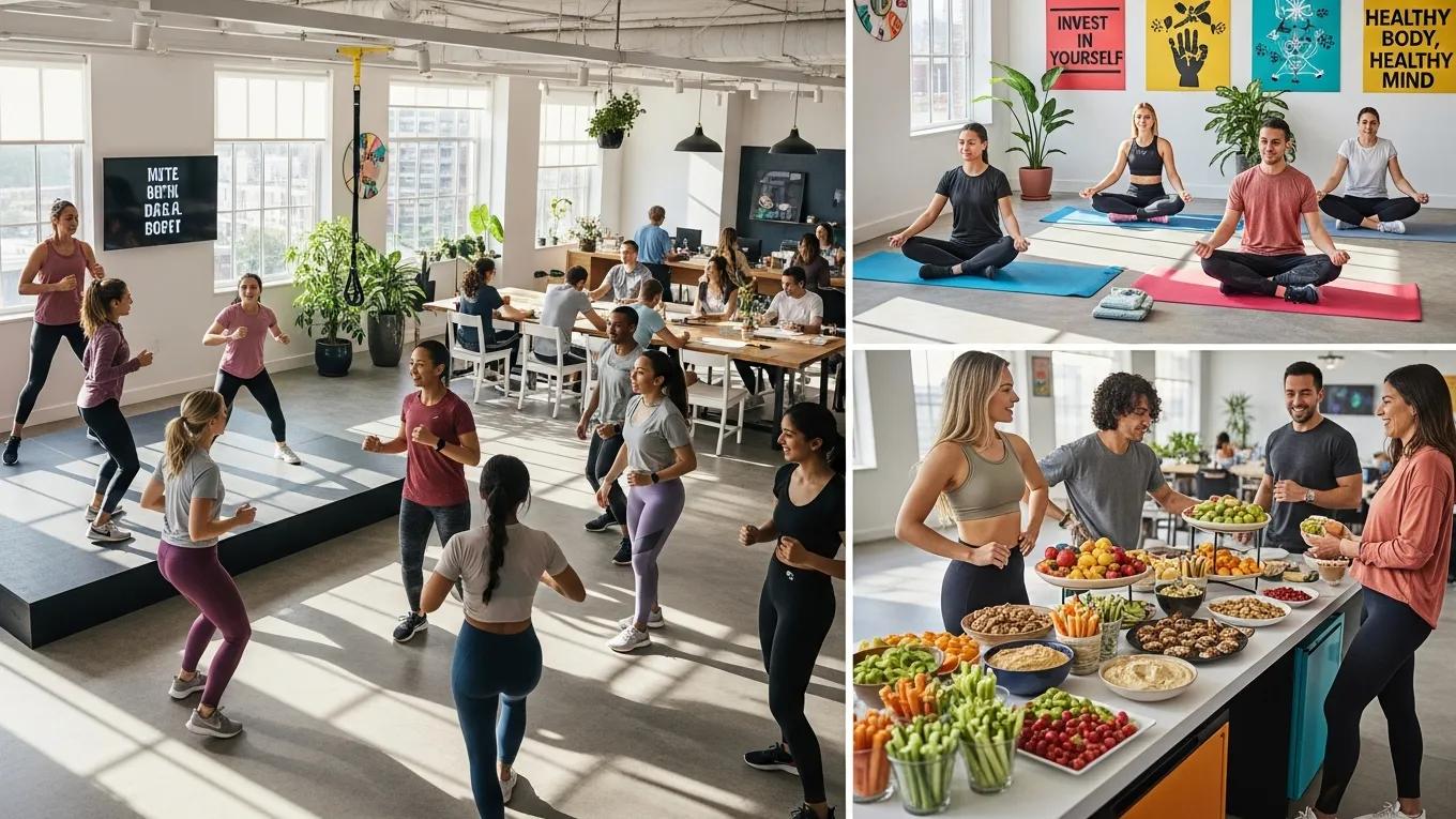 Employees participating in a workplace wellness program with fitness and healthy activities