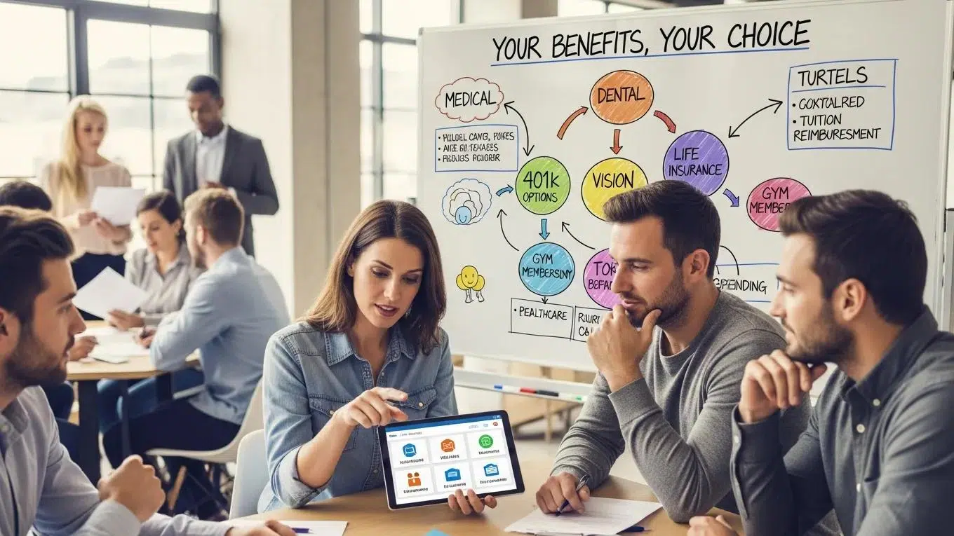 Employees selecting customizable benefits packages during a team meeting
