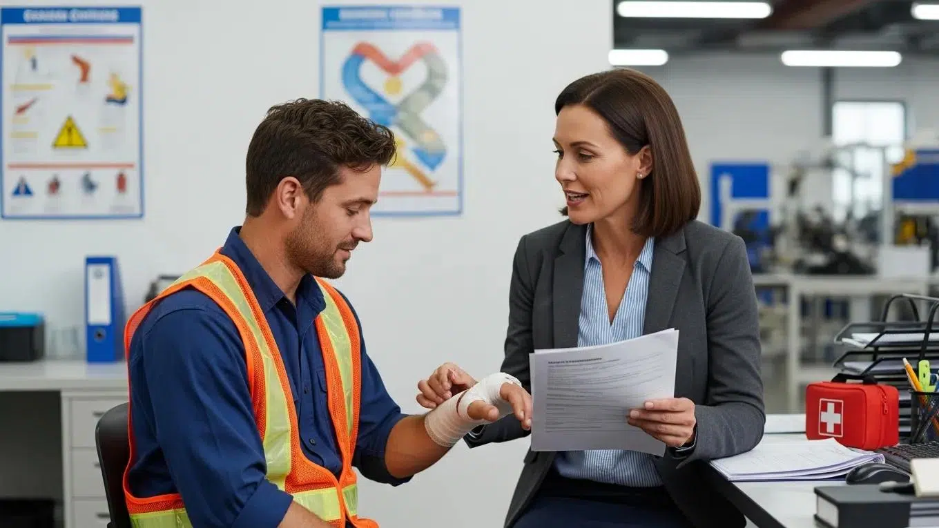 Employer assisting injured employee discussing workers' compensation