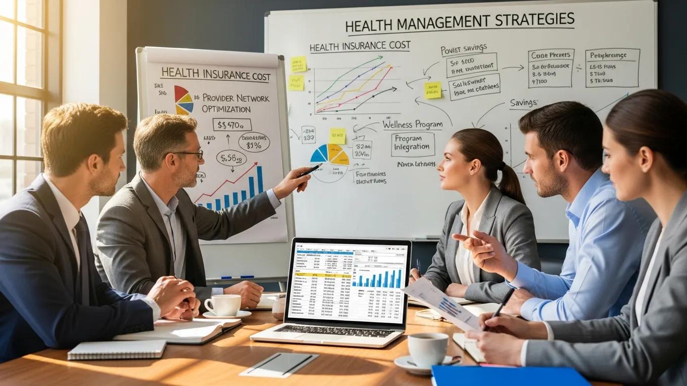 Employers in a meeting reviewing cost management strategies for health insurance