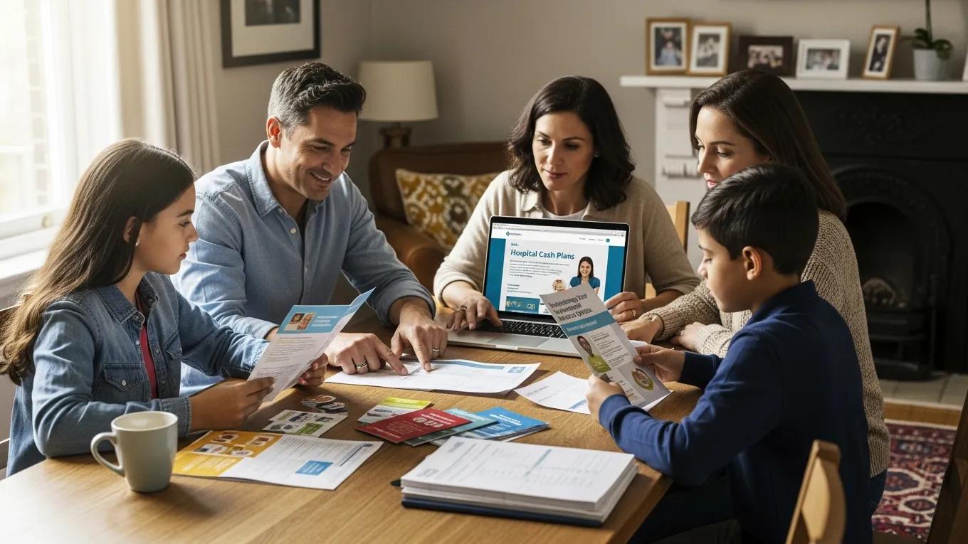 Family reviewing hospital cash plans at home, emphasizing understanding of supplemental insurance