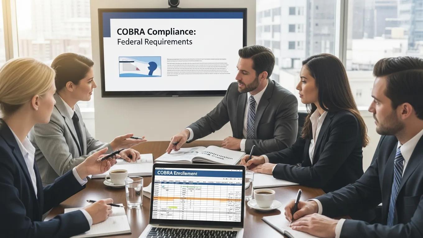 Group of Michigan employers discussing COBRA compliance and federal requirements in an office setting.