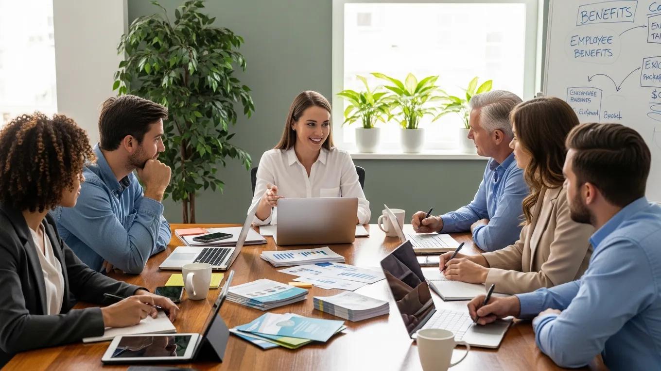 Group of small business owners consulting with an employee benefits expert in a modern office setting