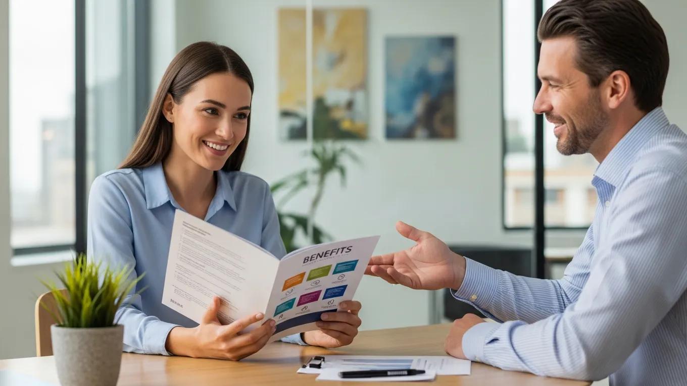 Happy employee receiving a comprehensive benefits package in a modern office