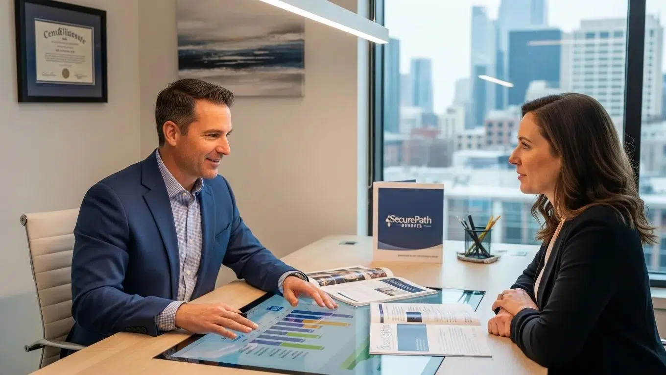Health insurance broker consulting with a small business owner about group health insurance options